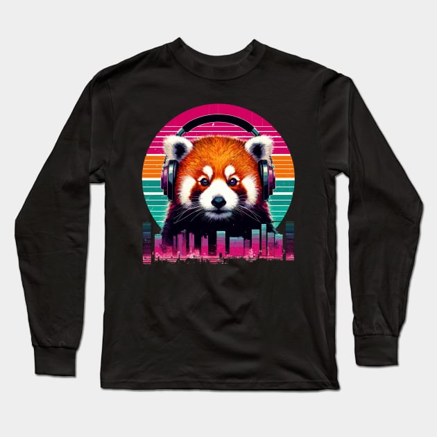 Cute Retro Music Red Panda In Headphones Long Sleeve T-Shirt by TomFrontierArt